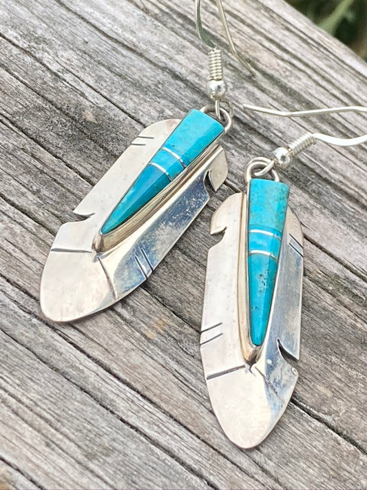Sterling silver, Turquoise or Opal feather earrings.