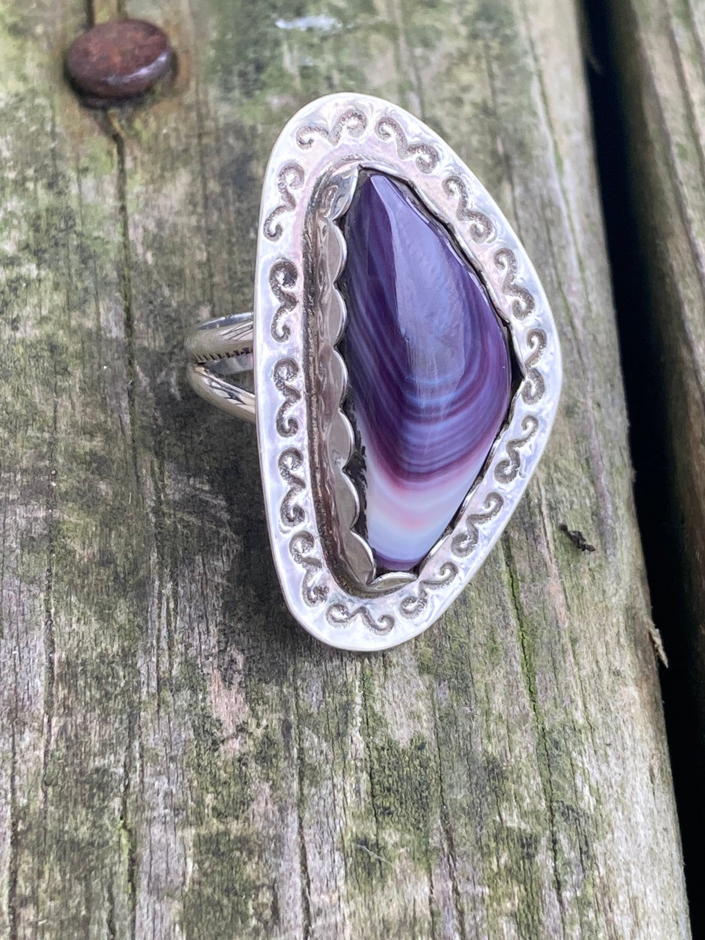 Wampum and Sterling Silver Free form stamped ring