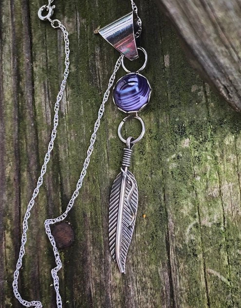 Wampum Sterling Silver Necklace Feather Necklace.