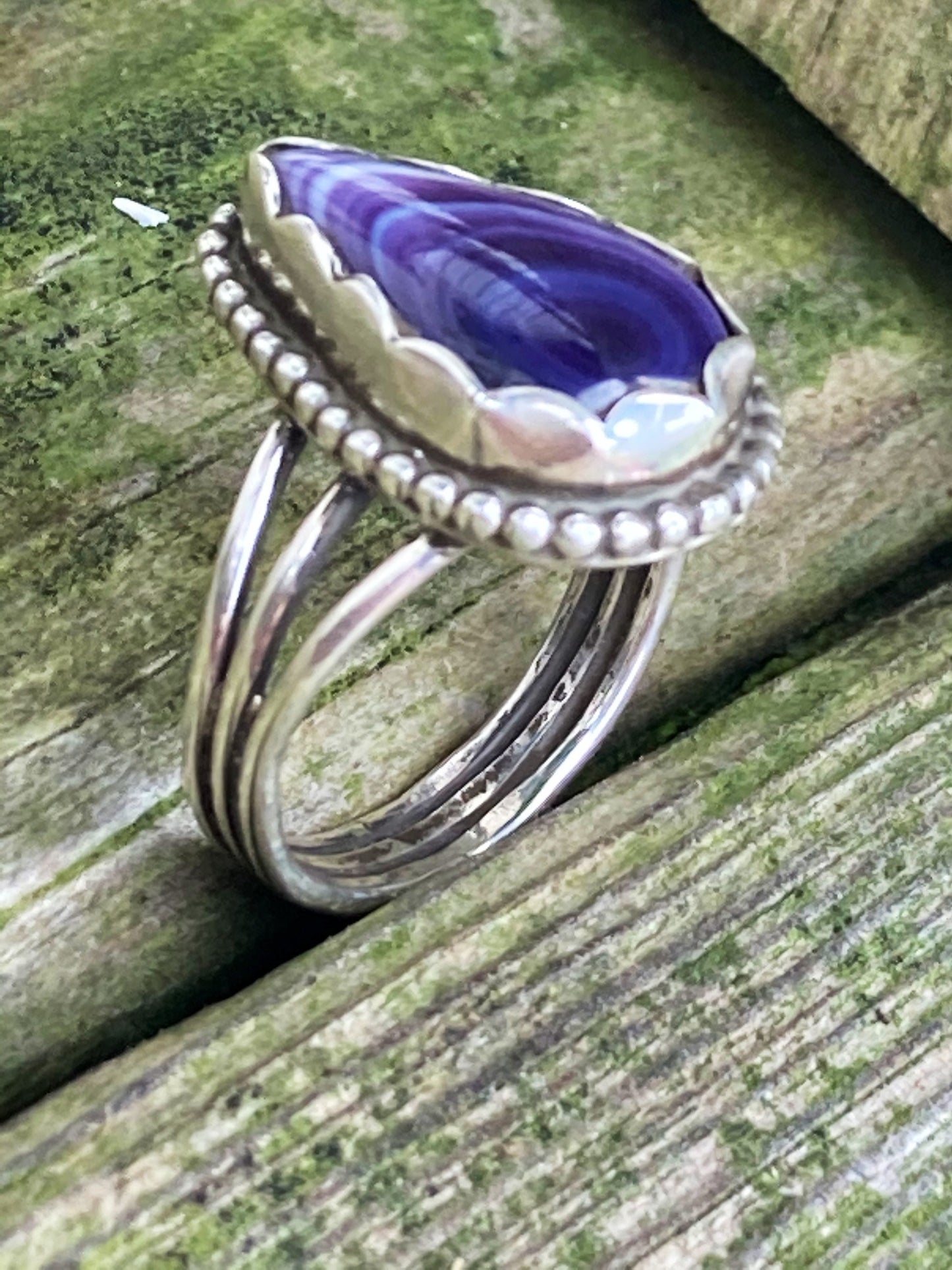 Intricate Wampum Tear Drop Sterling Silver Ring.