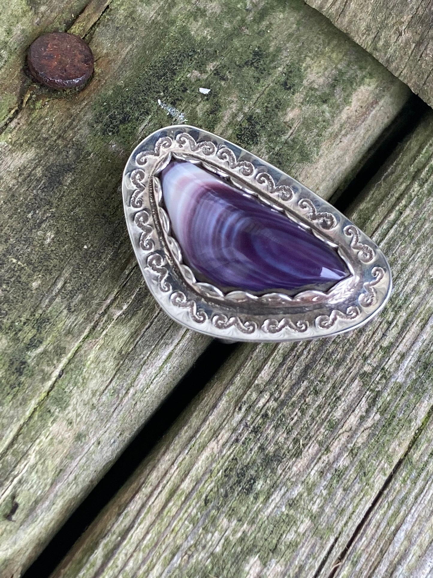 Wampum and Sterling Silver Free form stamped ring