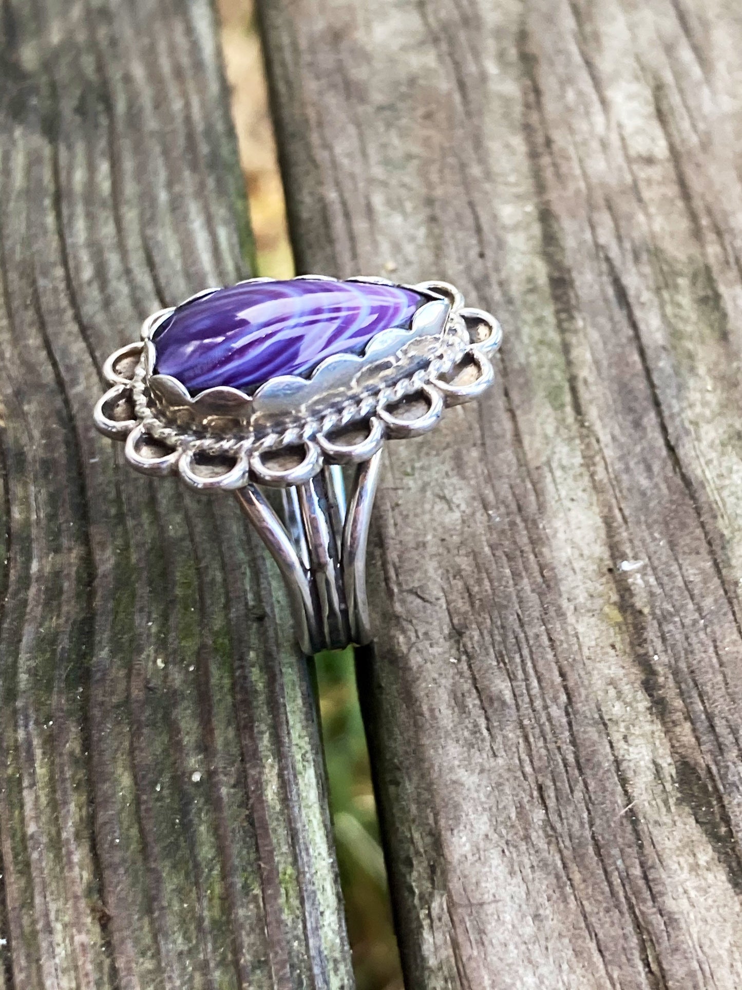 Wampum and Sterling Silver Tear drop Fancy border ring