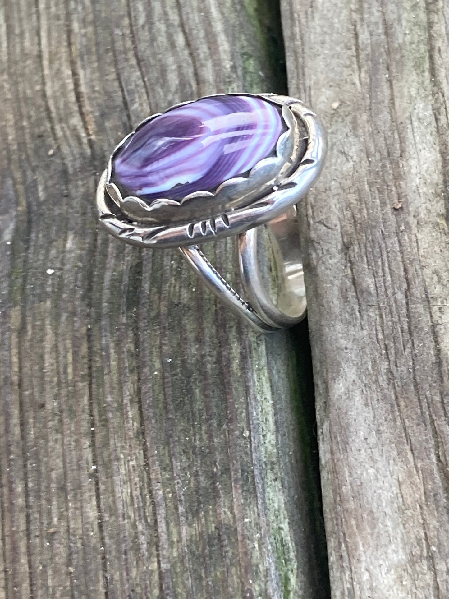 Wampum and Sterling Silver Oval Stamped border ring