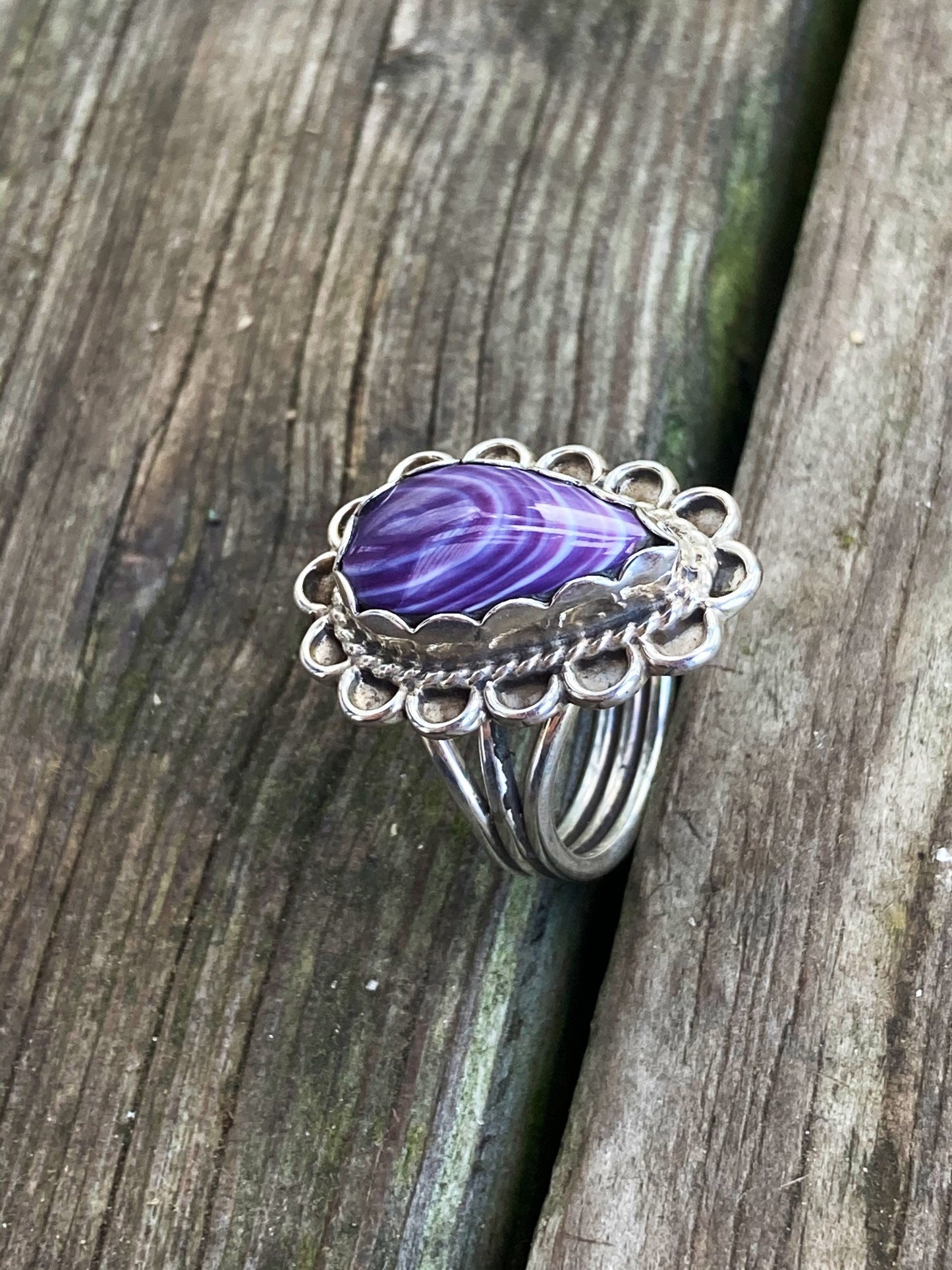 Wampum and Sterling Silver Tear drop Fancy border ring