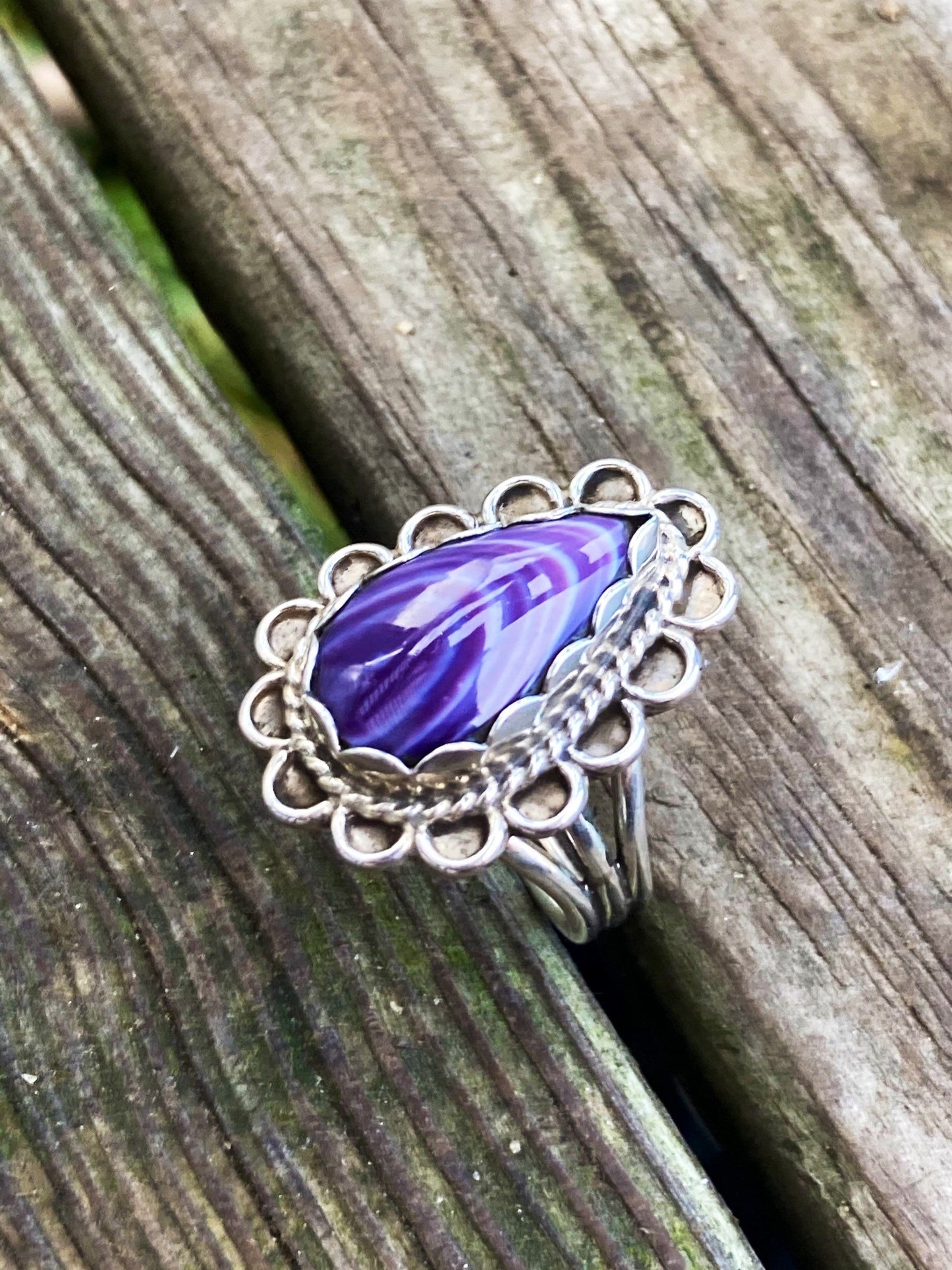 Wampum and Sterling Silver Tear drop Fancy border ring