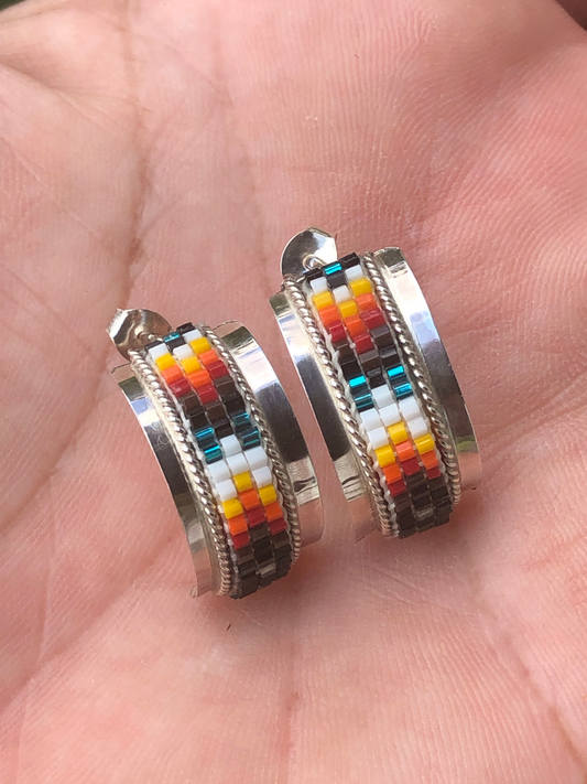 Beaded sterling Silver Navajo half ring studs