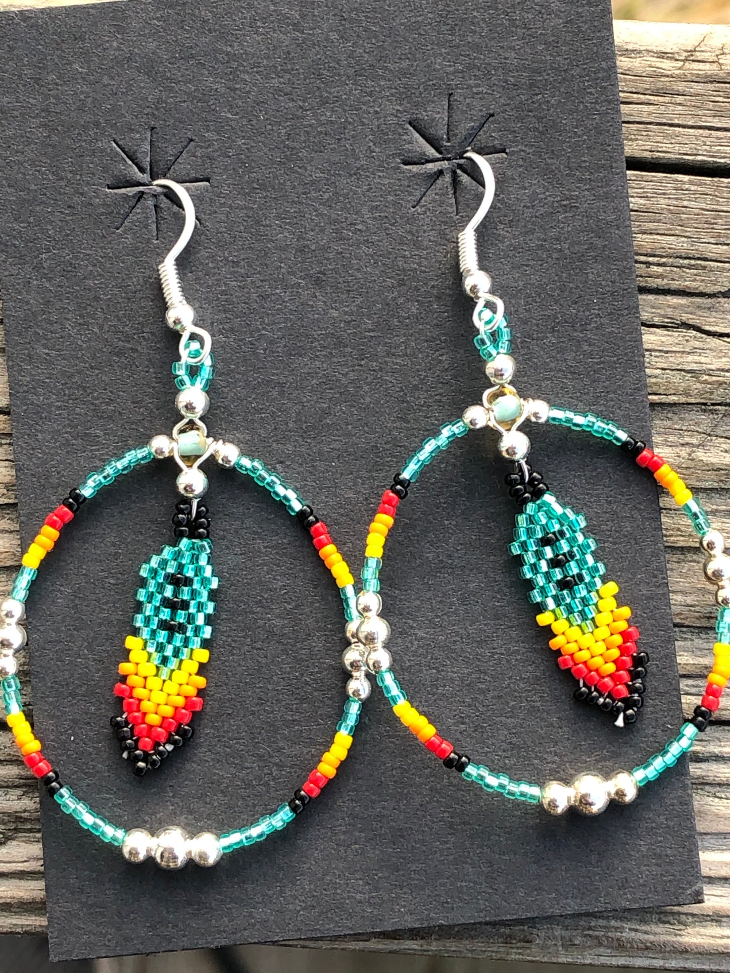 Navajo multi beaded Feather and hoop dangle earrings