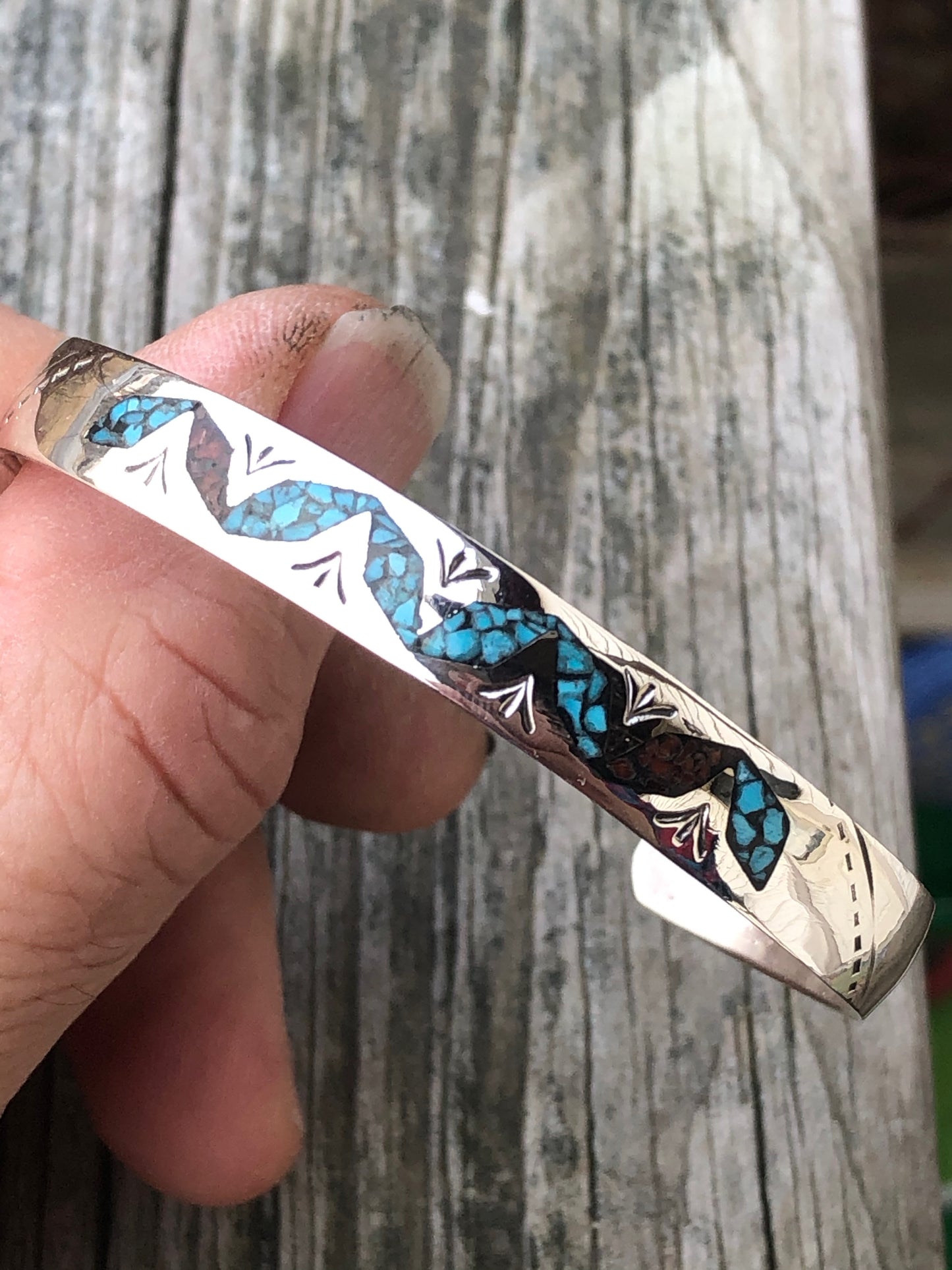 Silver stamped bracelet with Coral and Turquoise chip inlay