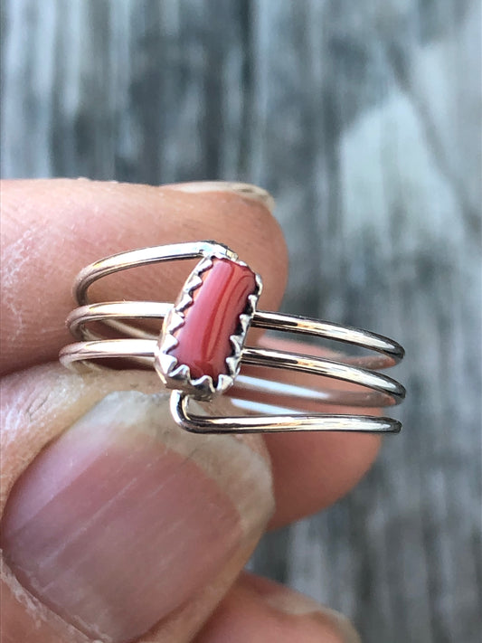 Navajo wire coil design Coral and sterling Silver ring