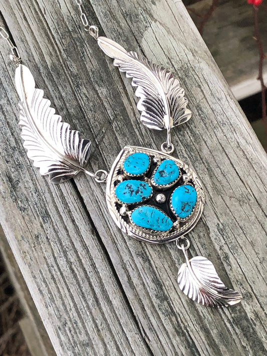 Navajo Turquoise 5 stone with Sterling silver feathers