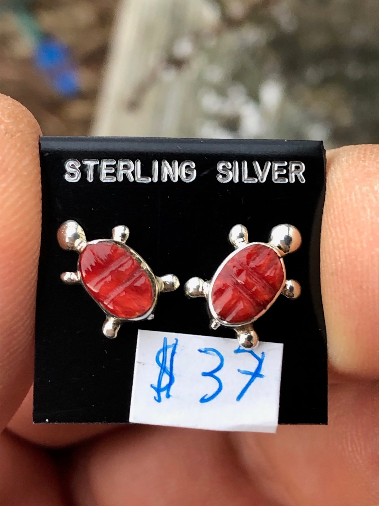 Zuni Coral and Sterling Silver turtle studs