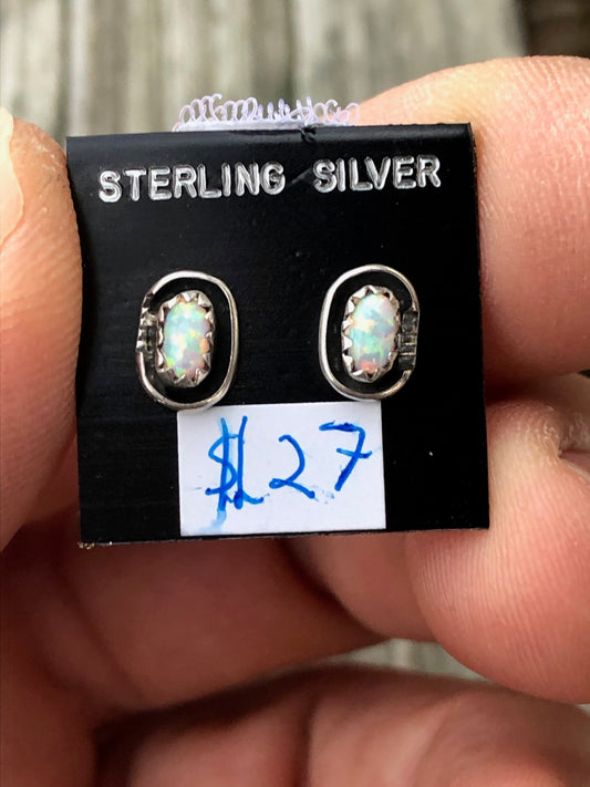 Navajo White opal Sterling silver Stamped Studs