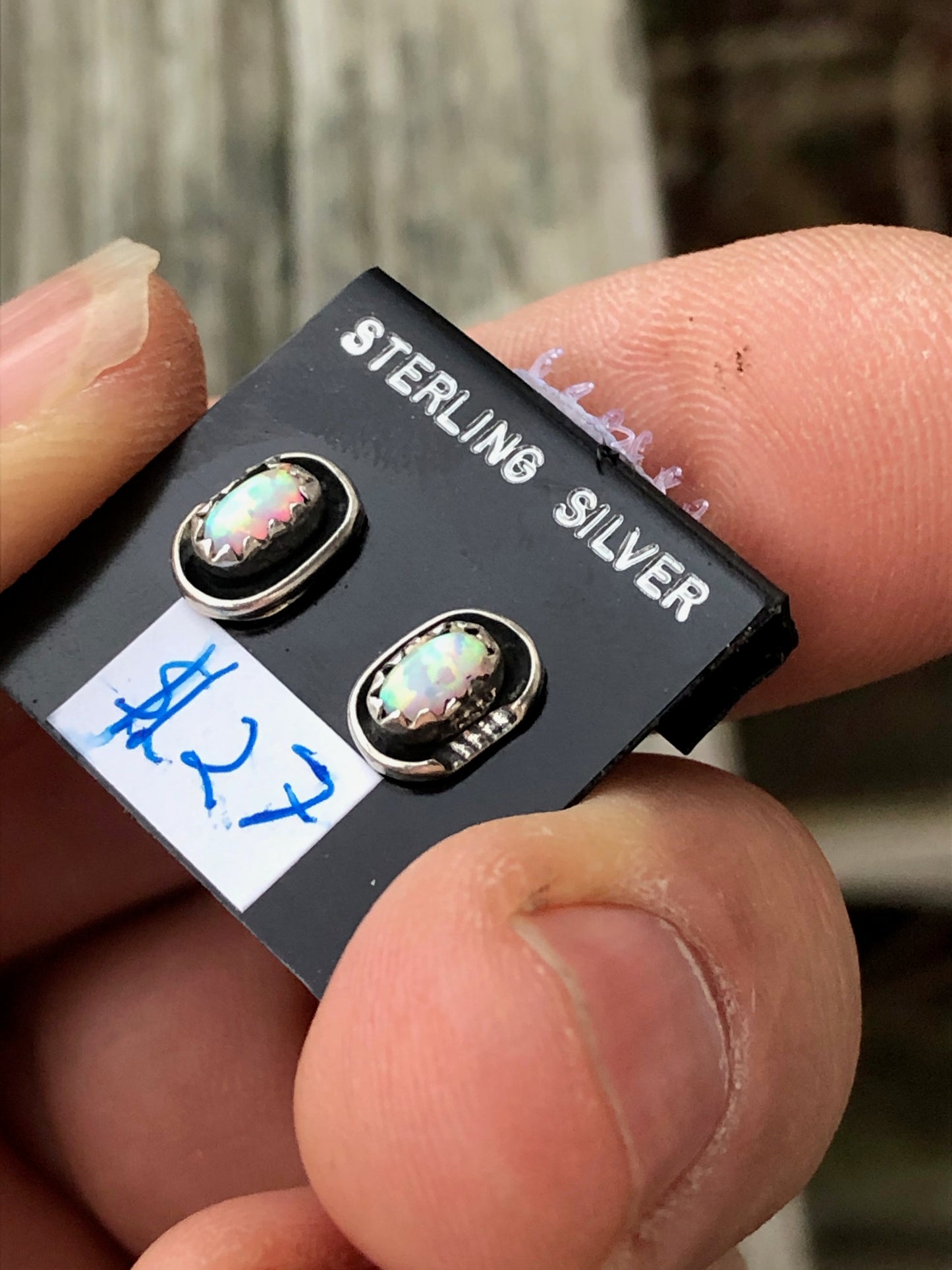 Navajo White opal Sterling silver Stamped Studs