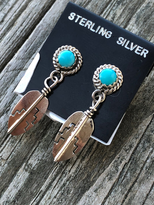 Navajo Turquoise Post handmade Sterling Silver feather post earrings