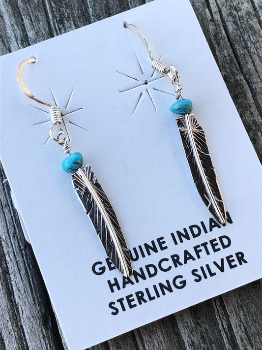 Navajo Sterling silver feather with turquoise nugget earrings