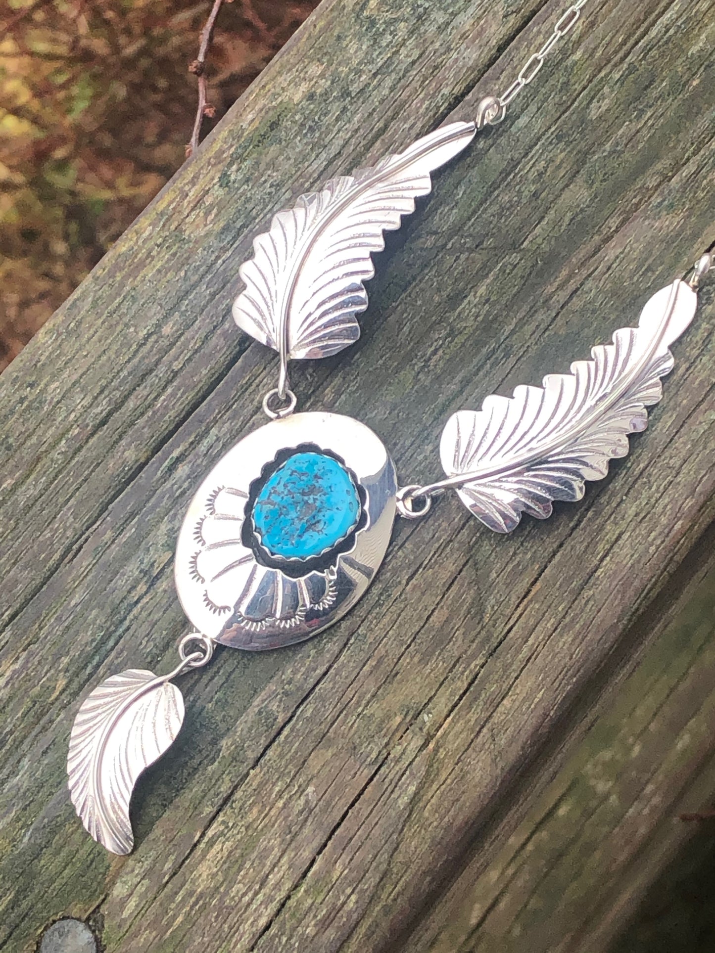 Navajo Stamped sterling silver and turquoise Shadow box necklace