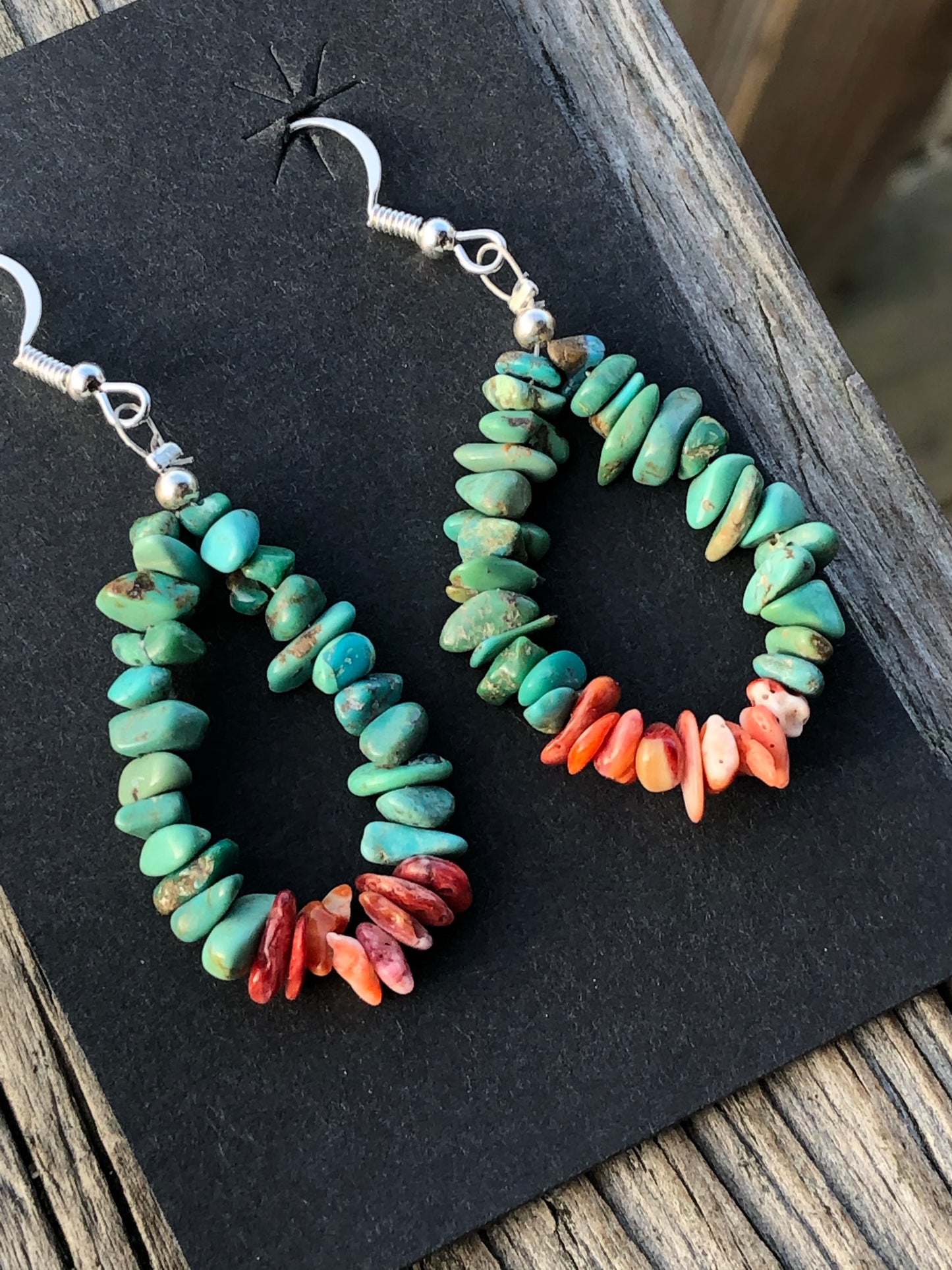 Navajo hoop shape turquoise and coral earrings