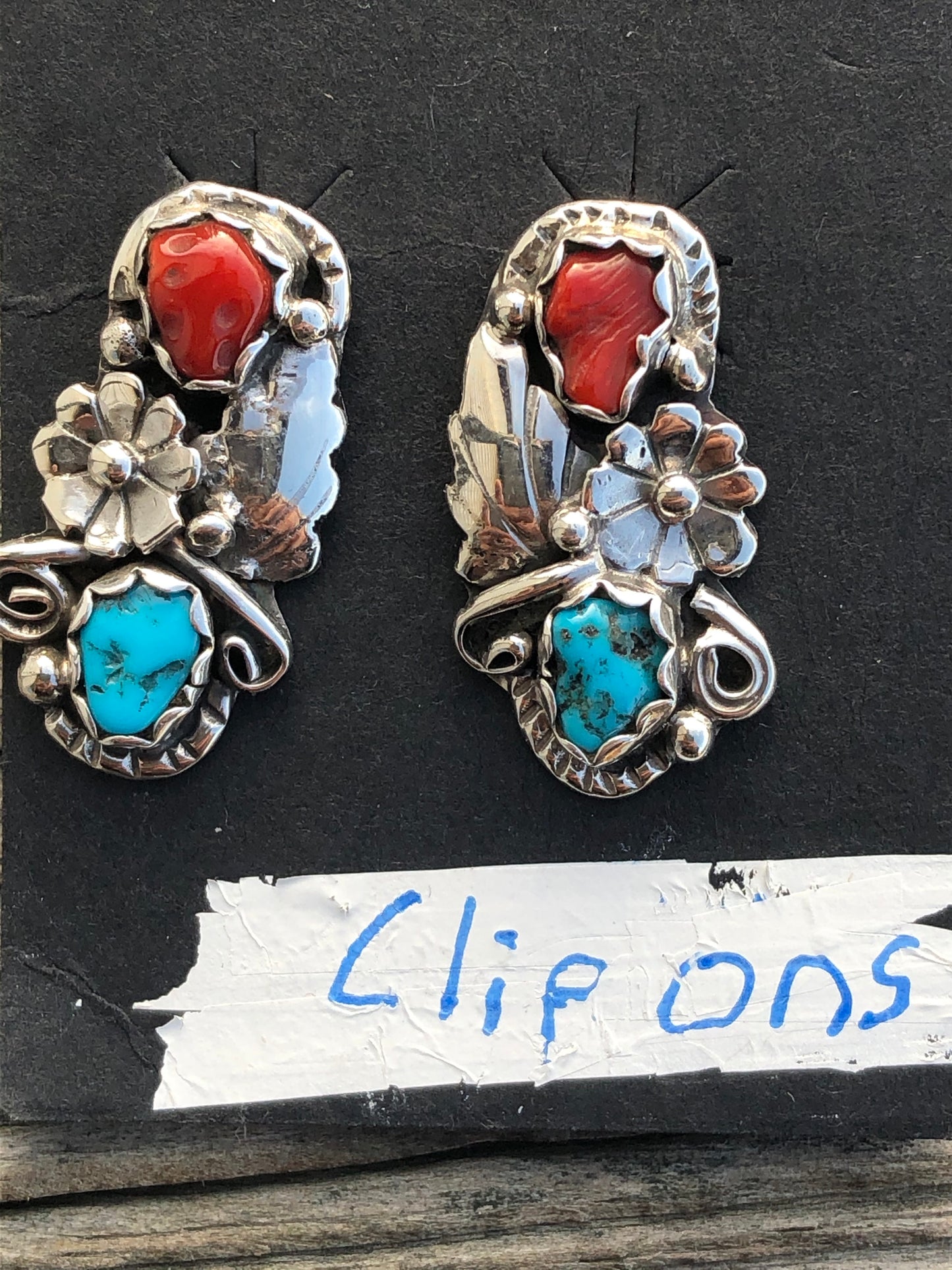 Navajo Turquoise and Coral, Sterling flower, leaf clip on earrings