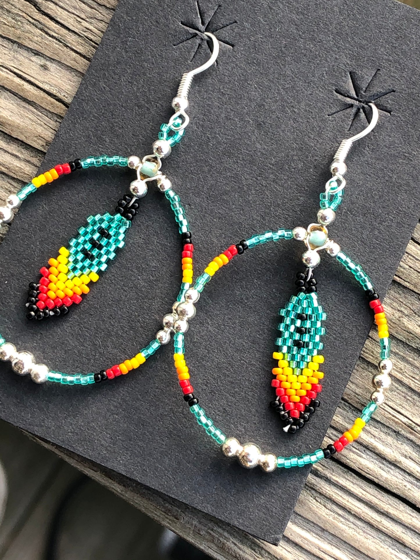 Navajo multi beaded Feather and hoop dangle earrings