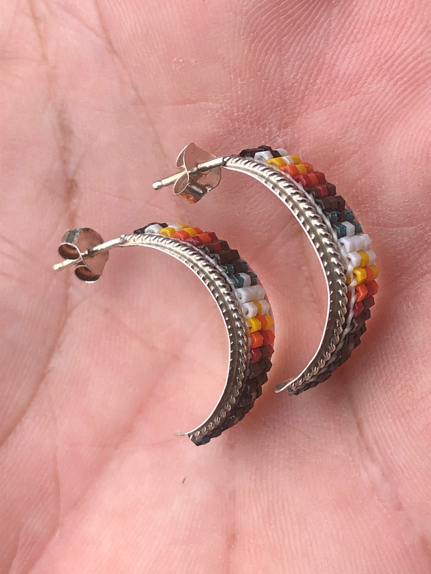 Beaded sterling Silver Navajo half ring studs