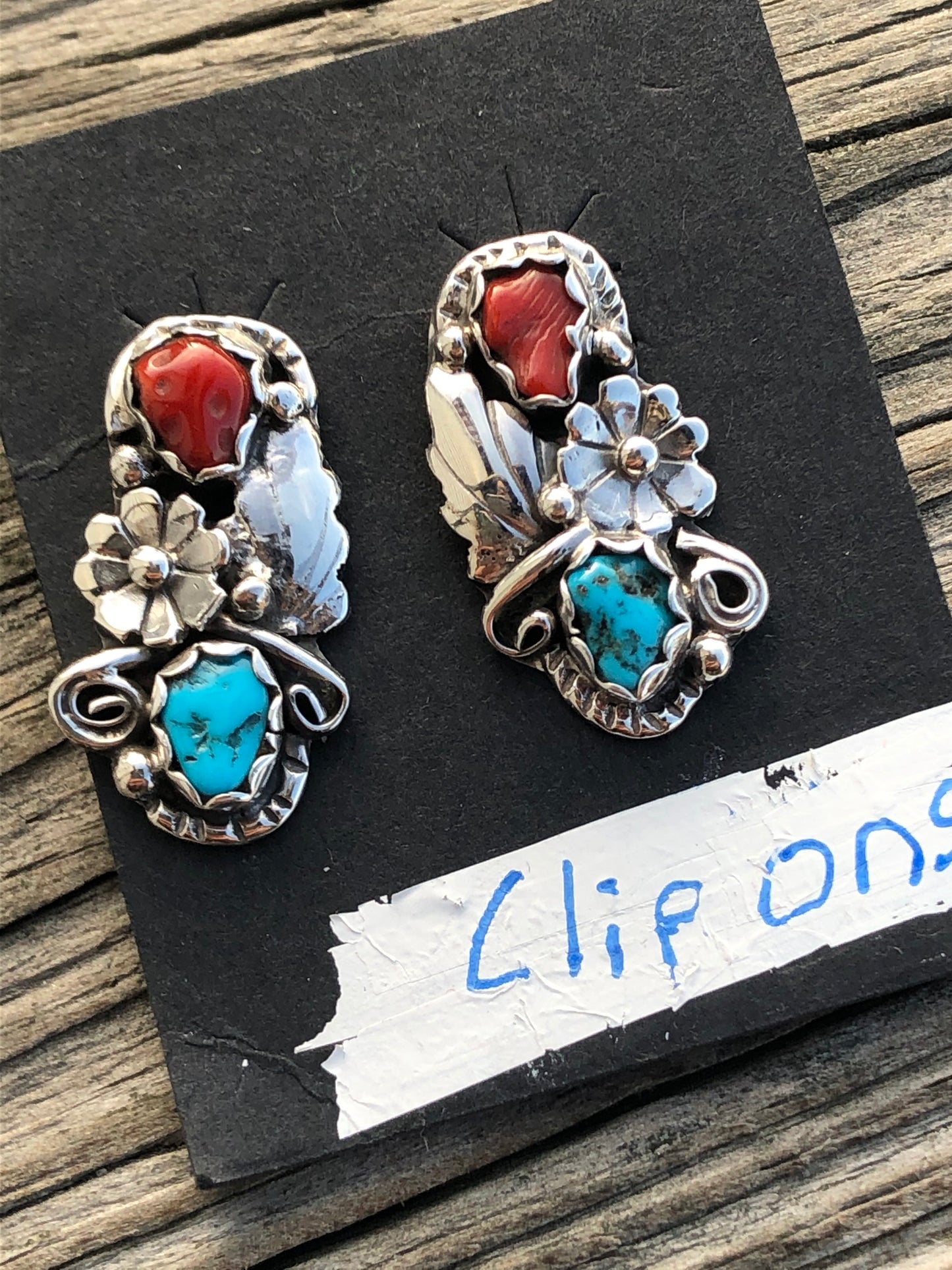 Navajo Turquoise and Coral, Sterling flower, leaf clip on earrings