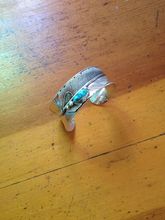 Turquoise Sterling Anticlast Silver Feather Bracelet
