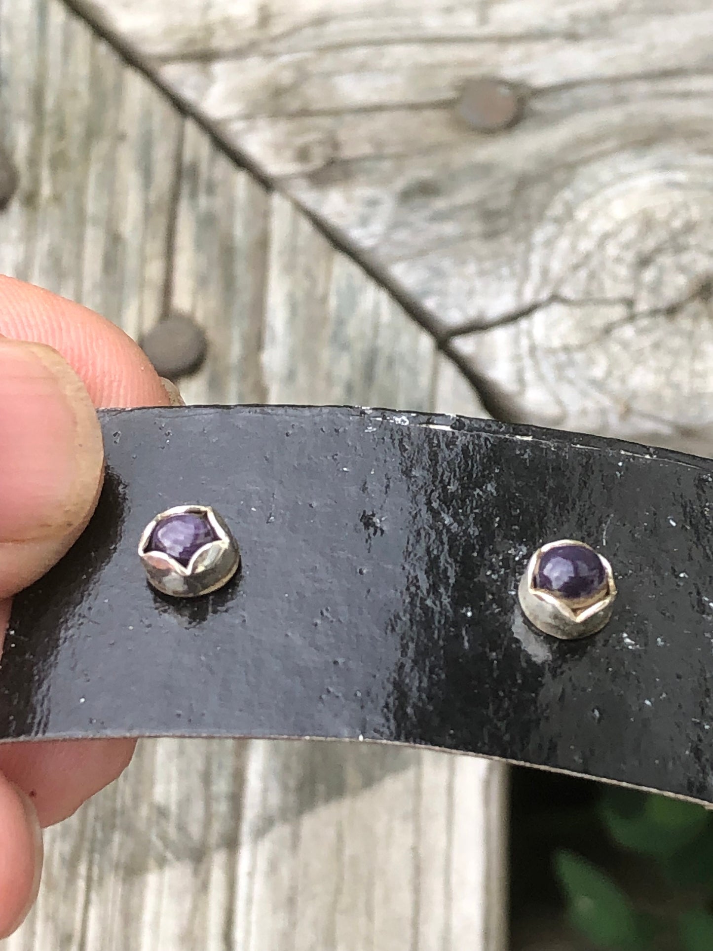 Petite wampum stud scalloped bezel earrings.