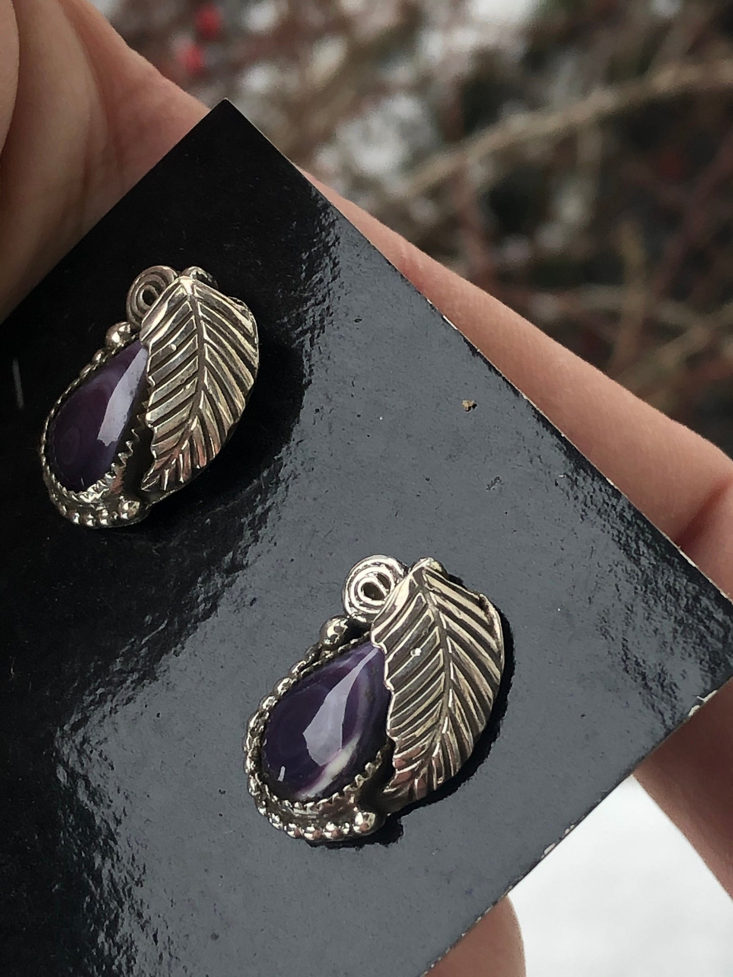 Wampum Tear Leaf  Post Earrings.