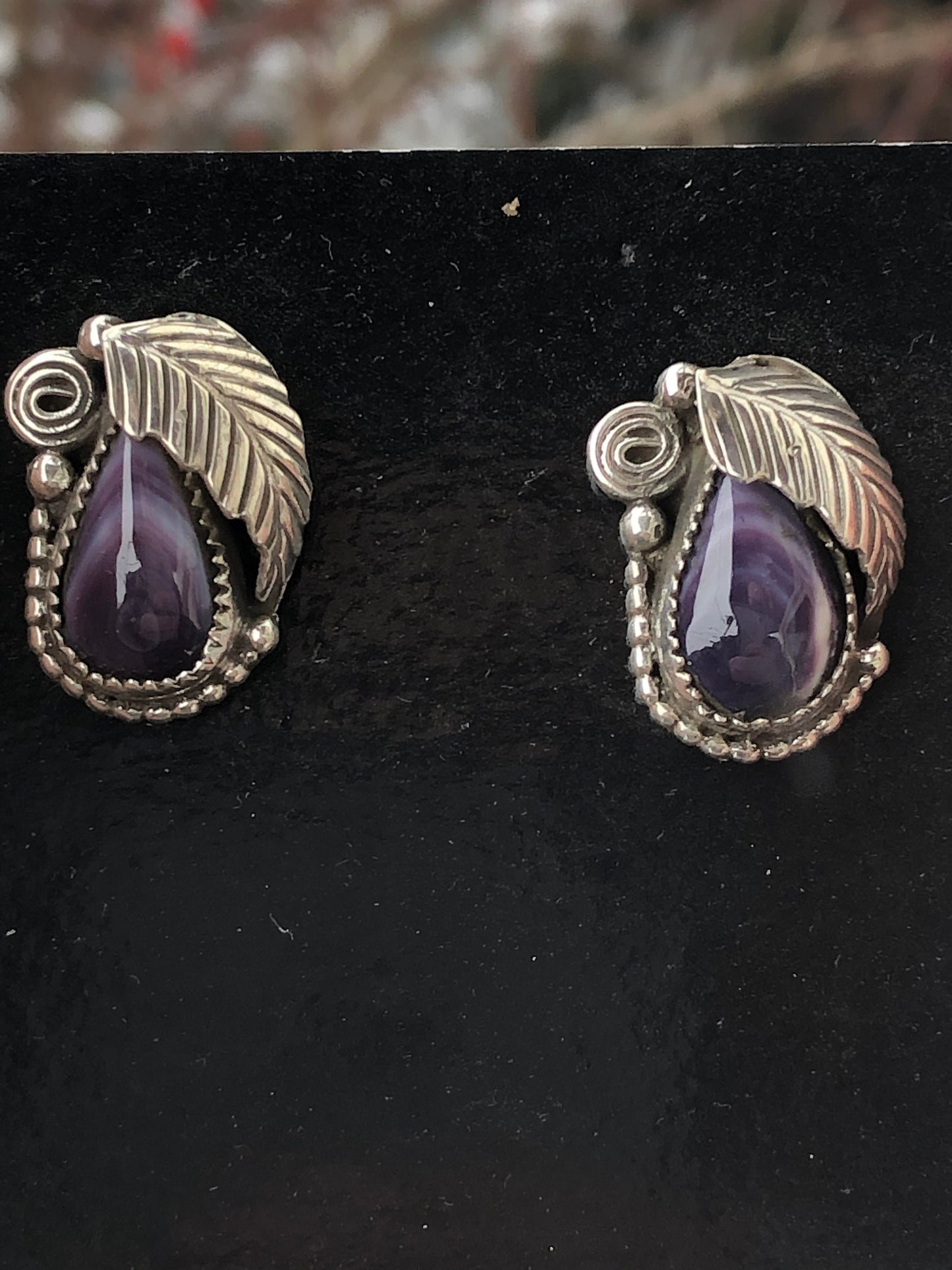 Wampum Tear Leaf  Post Earrings.