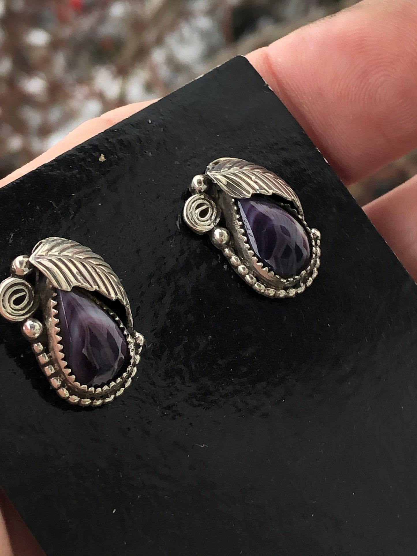 Wampum Tear Leaf  Post Earrings.