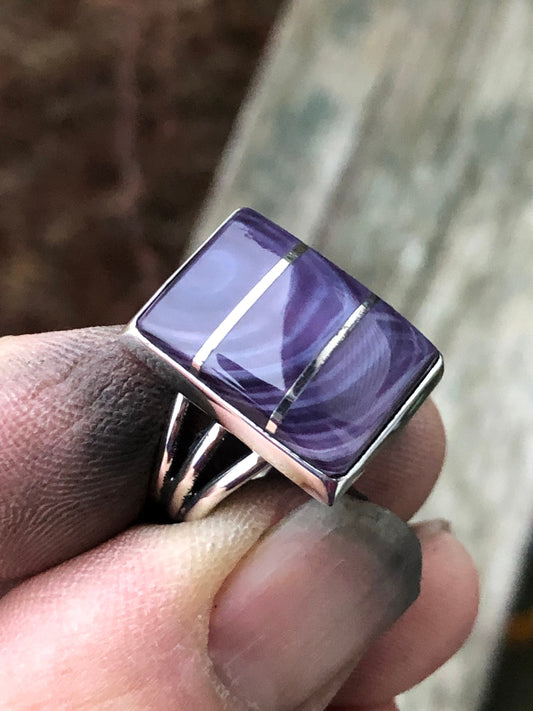 Rectangle silver streak inlayed wampum ring