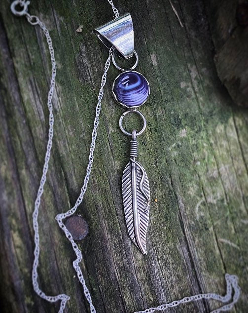 Wampum Sterling Silver Necklace Feather Necklace.