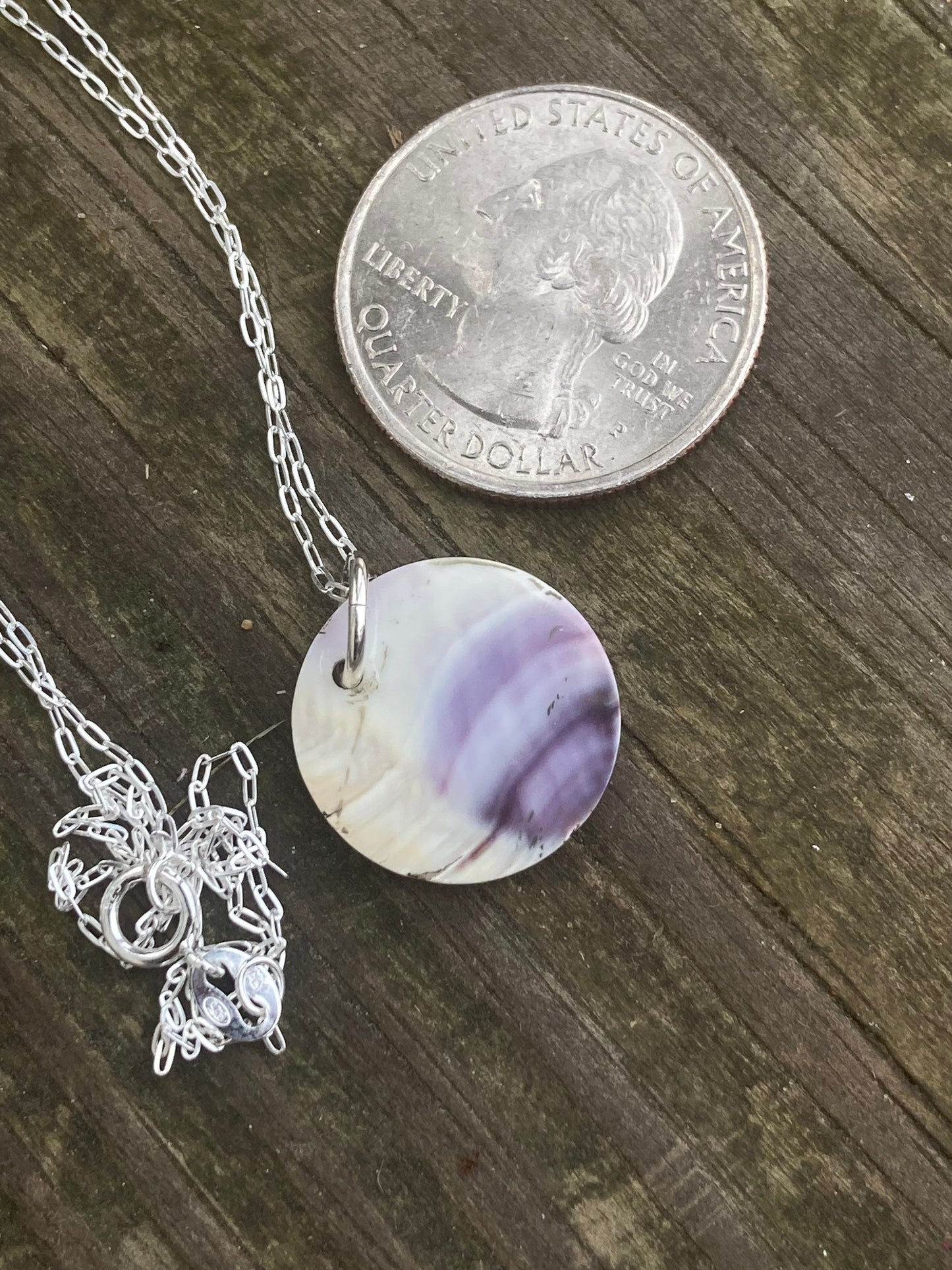 Wampum Circle necklace with sterling silver chain.