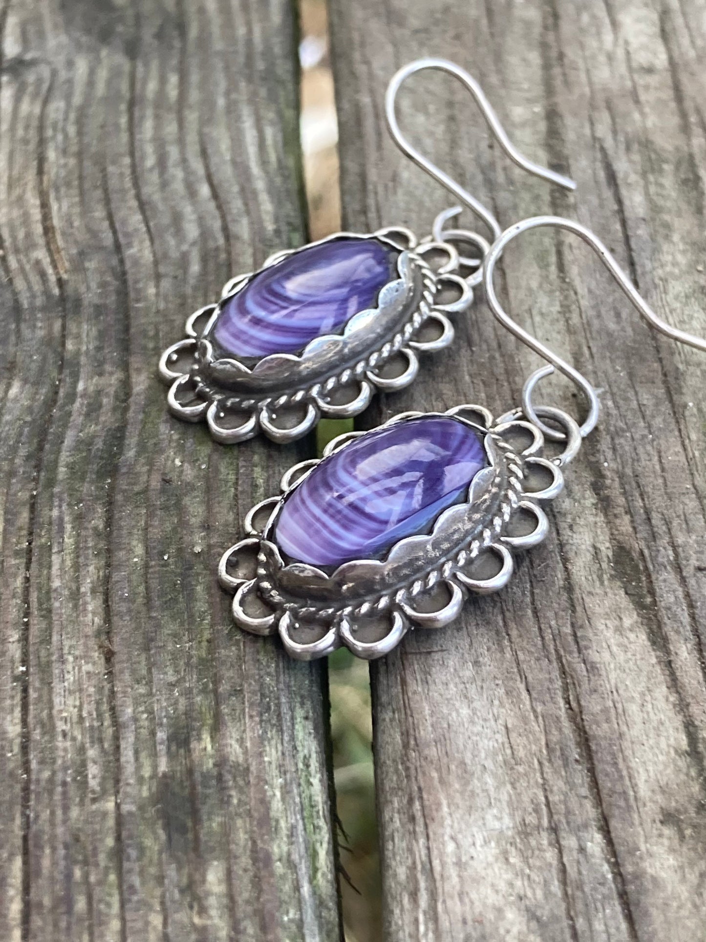 Wampum and Sterling Silver Oval Fancy border earrings