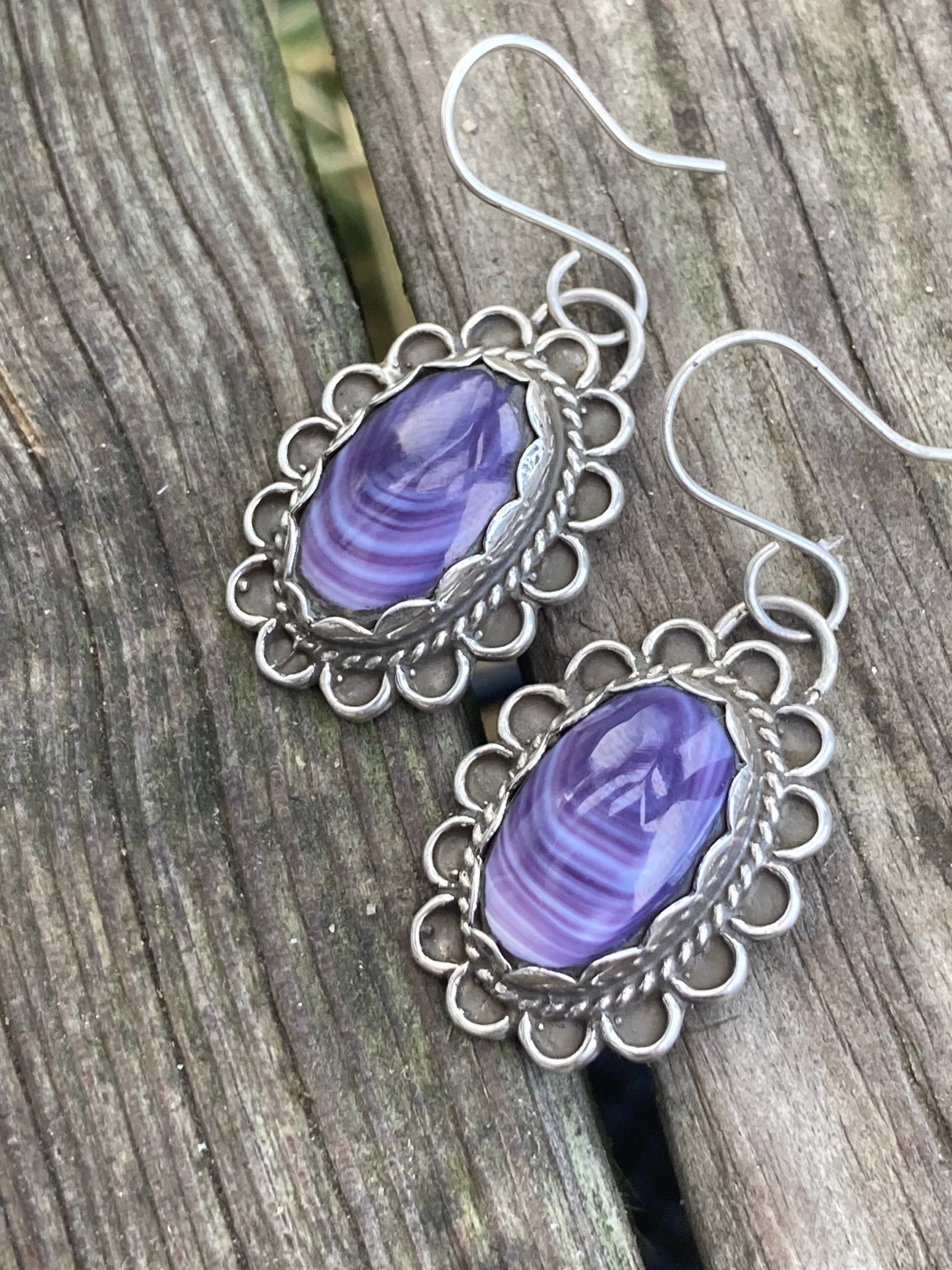 Wampum and Sterling Silver Oval Fancy border earrings