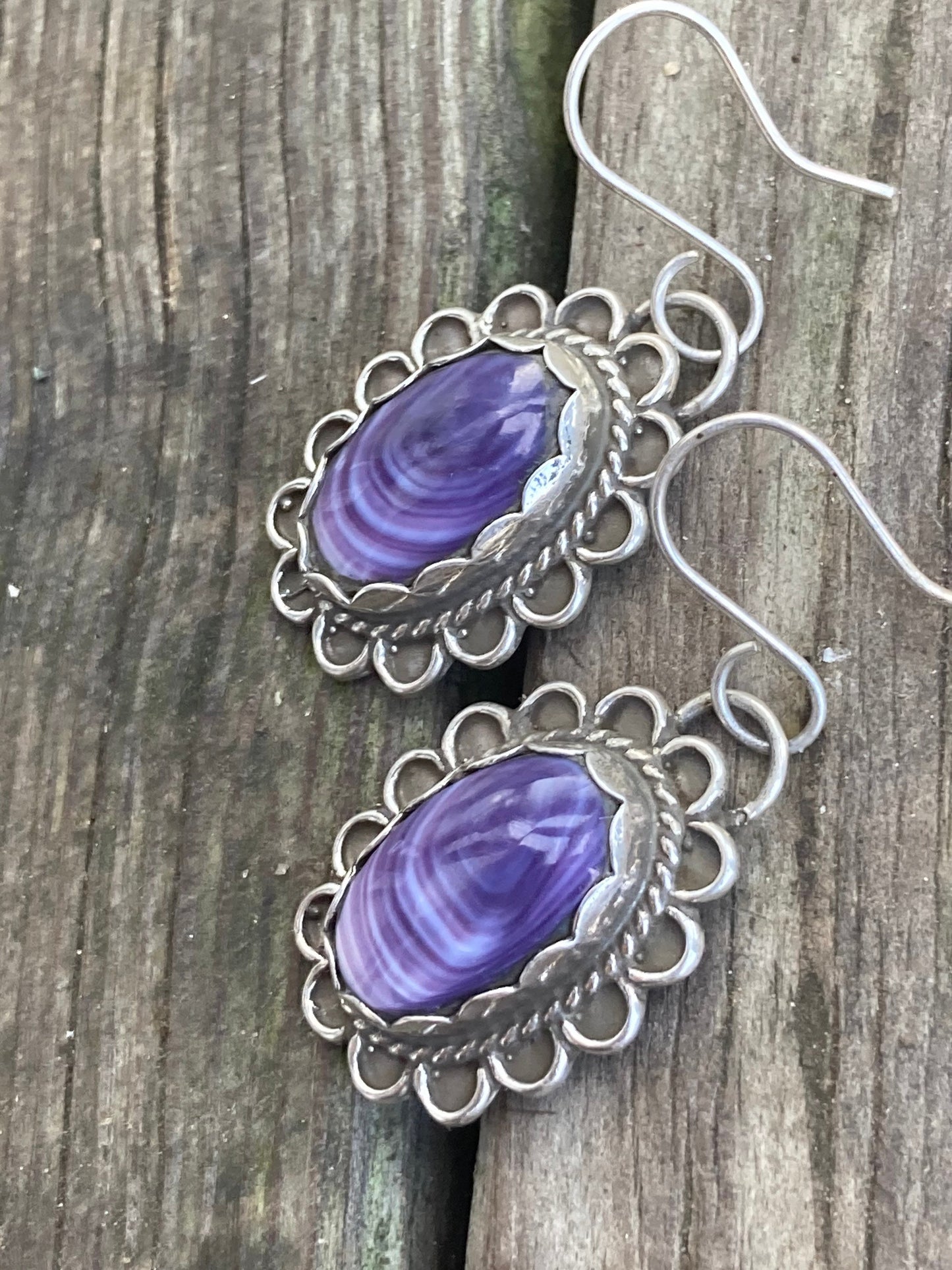 Wampum and Sterling Silver Oval Fancy border earrings