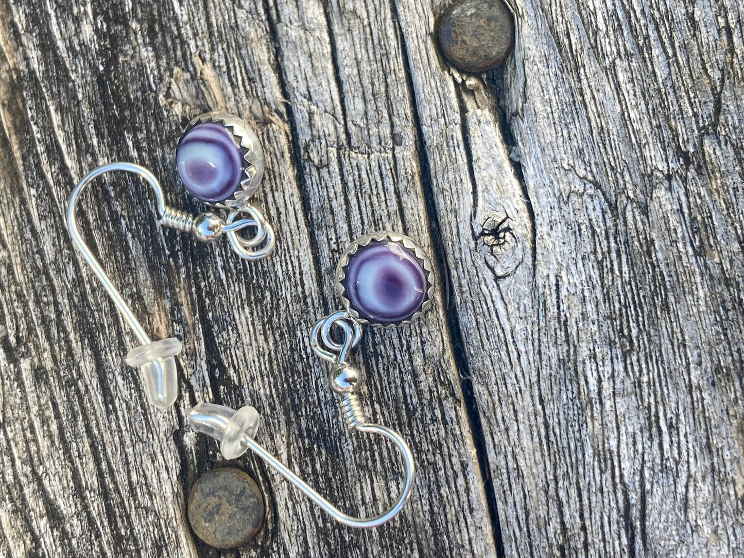 Dainty Sterling Silver Purple Wampum earrings with rubber backing Sterling Silver Cute shell jewelry