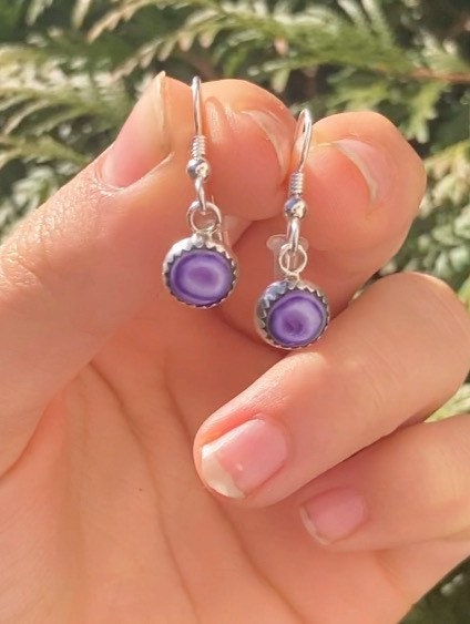 Dainty Sterling Silver Purple Wampum earrings with rubber backing Sterling Silver Cute shell jewelry