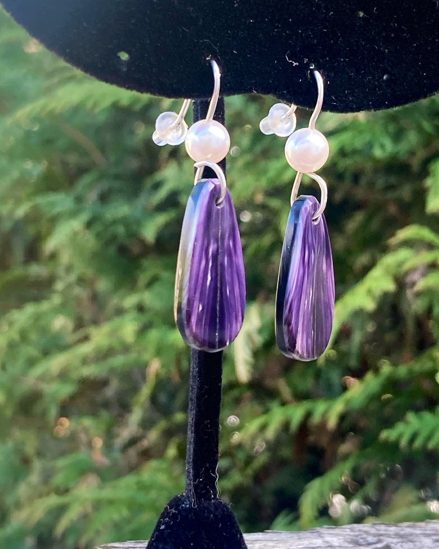 Littletree Wampum | Crocus petal spring jewelry Authentic Akoya Pearl and wampum Dangle earrings.