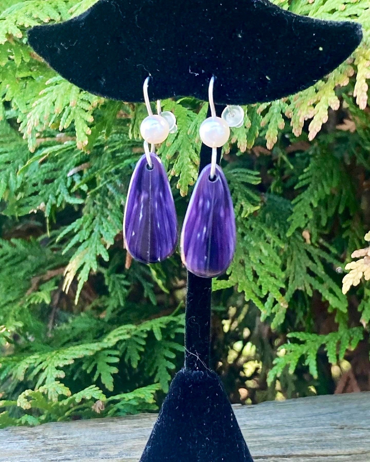 Littletree Wampum | Crocus petal spring jewelry Authentic Akoya Pearl and wampum Dangle earrings.