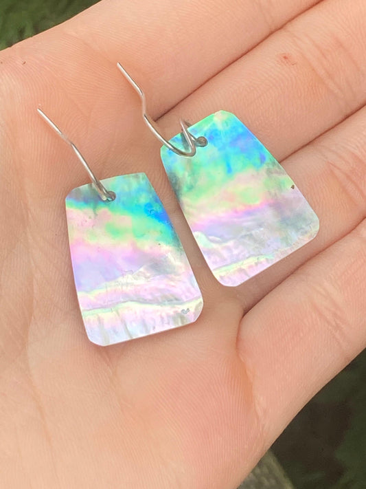 Beautiful Iridescent Abalone trapezoid earrings Beach themed sunset earrings for beach wear summer jewelry