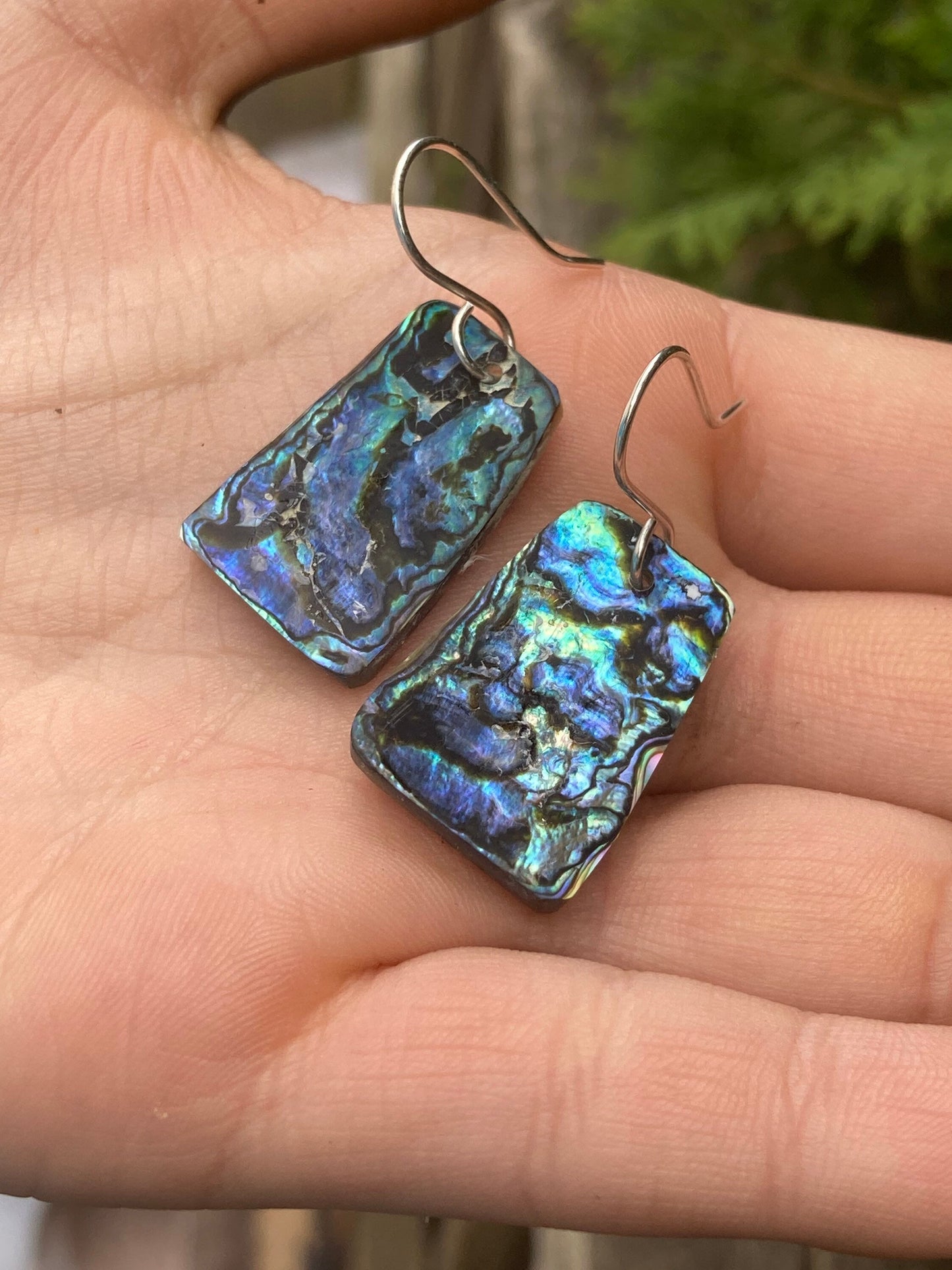 MYSTERIOUS, swirl design naturally Iridescent Abalone sea trapezoid earrings oceanic coral reef