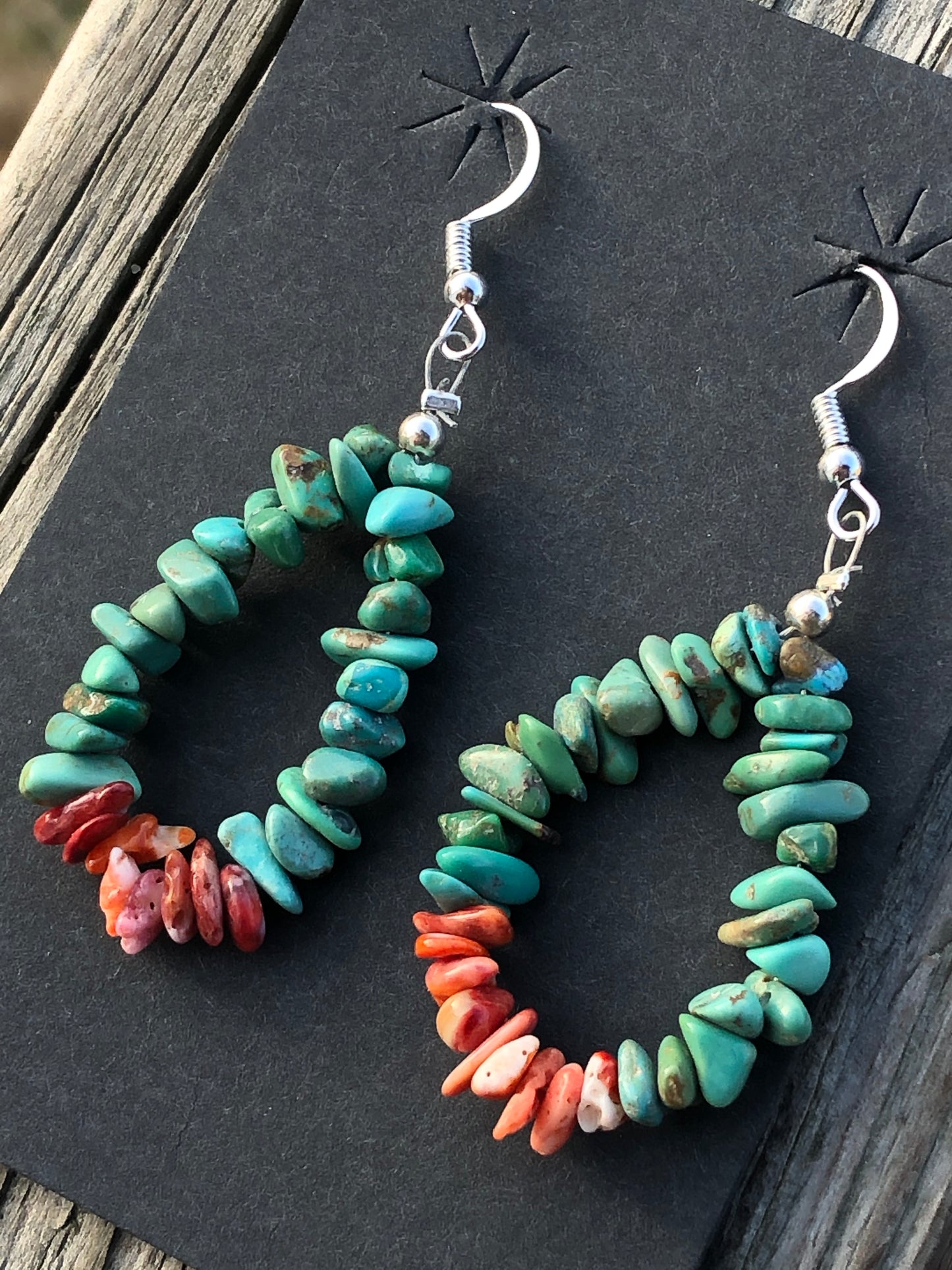 Navajo hoop shape turquoise and coral earrings