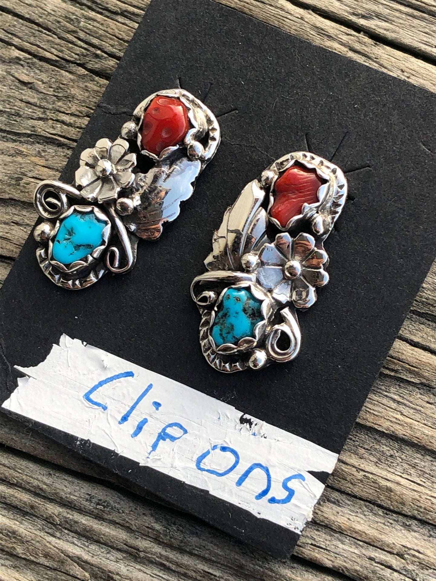 Navajo Turquoise and Coral, Sterling flower, leaf clip on earrings